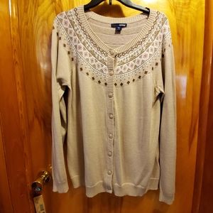 Tan cardigan with pink design